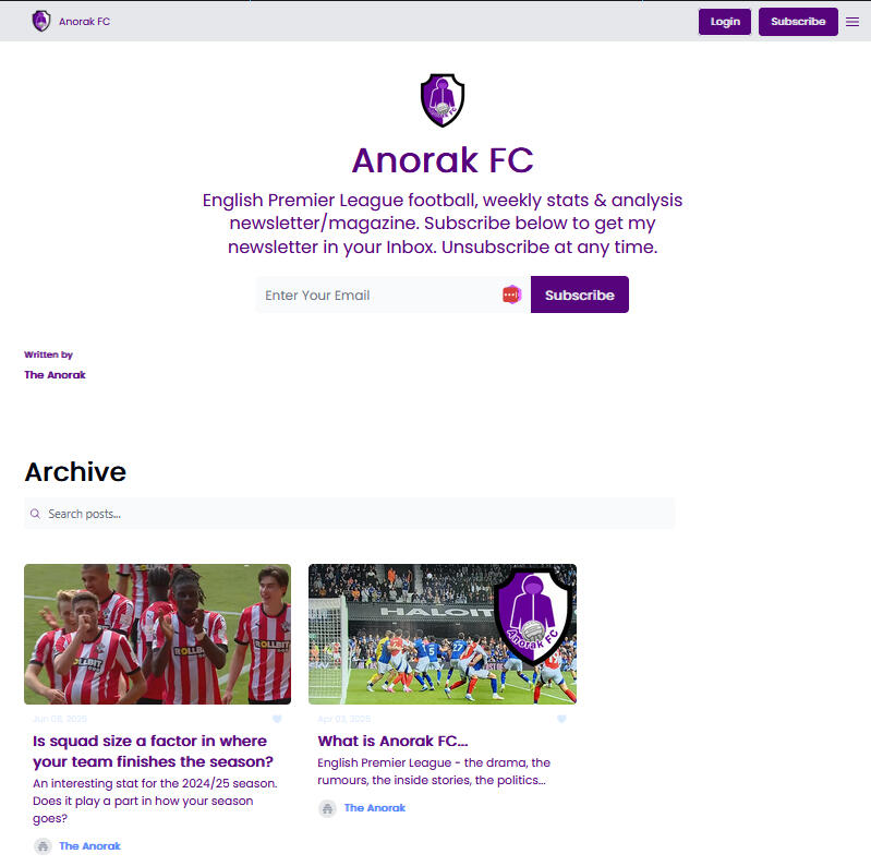 Anorak FC EPL Newsletter An EPL Stats Newsletter - Anorak FC